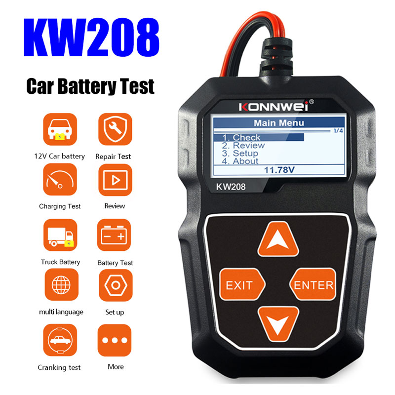 Power Tools English - جهاز اختبار بطارية السيارة KONNWEI KW208،
